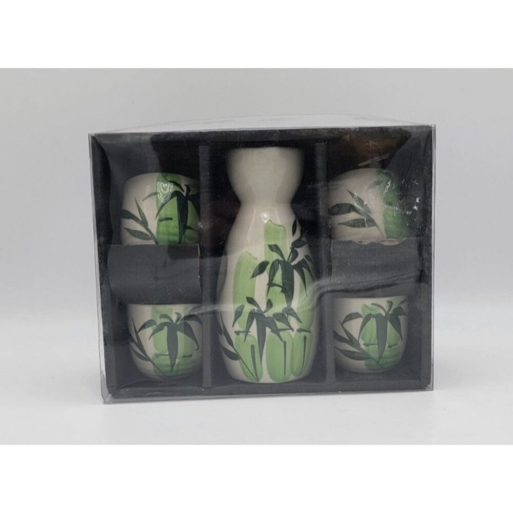Vintage Ceramic Sake Set – Bamboo Motif Tokkuri with 4 Cups – Japanese Style Sto - Picture 8 of 9
